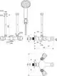 Zweigriff-Badearmatur von Ideal Standard mit Handbrause und flexibler Schlauchverbindung. Abmessungen und Anschlussdaten sind im technischen Diagramm dargestellt.